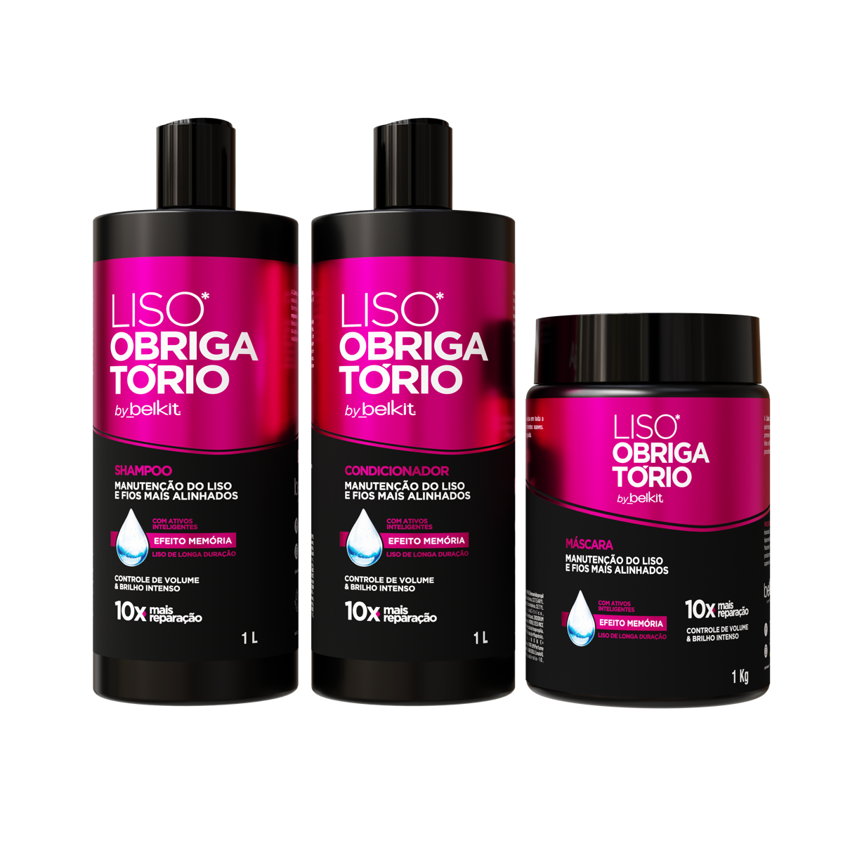 Shampoo, condicionador e máscara da linha Liso Obrigatório